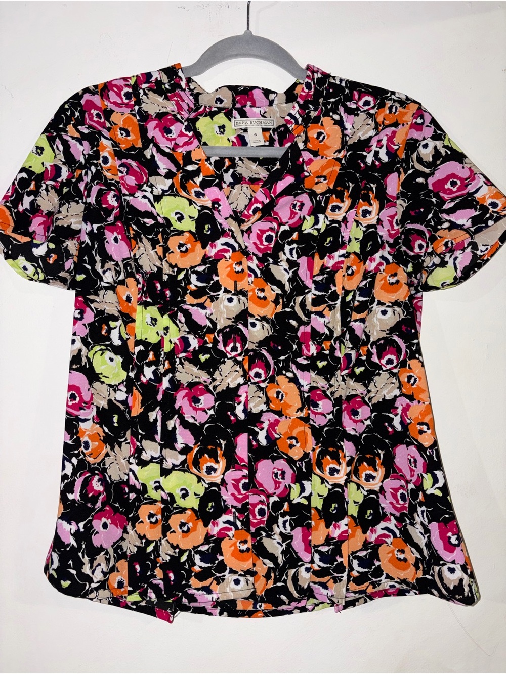 Dana Buchman Black Floral Button-Down Blouse with Pink Orange & Lime Accents